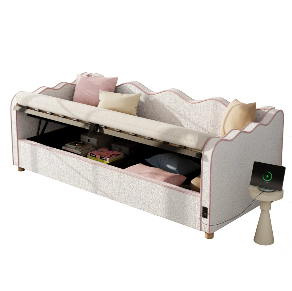 Letto imbottito 90x200 cm bouclé beige con vano contenitore