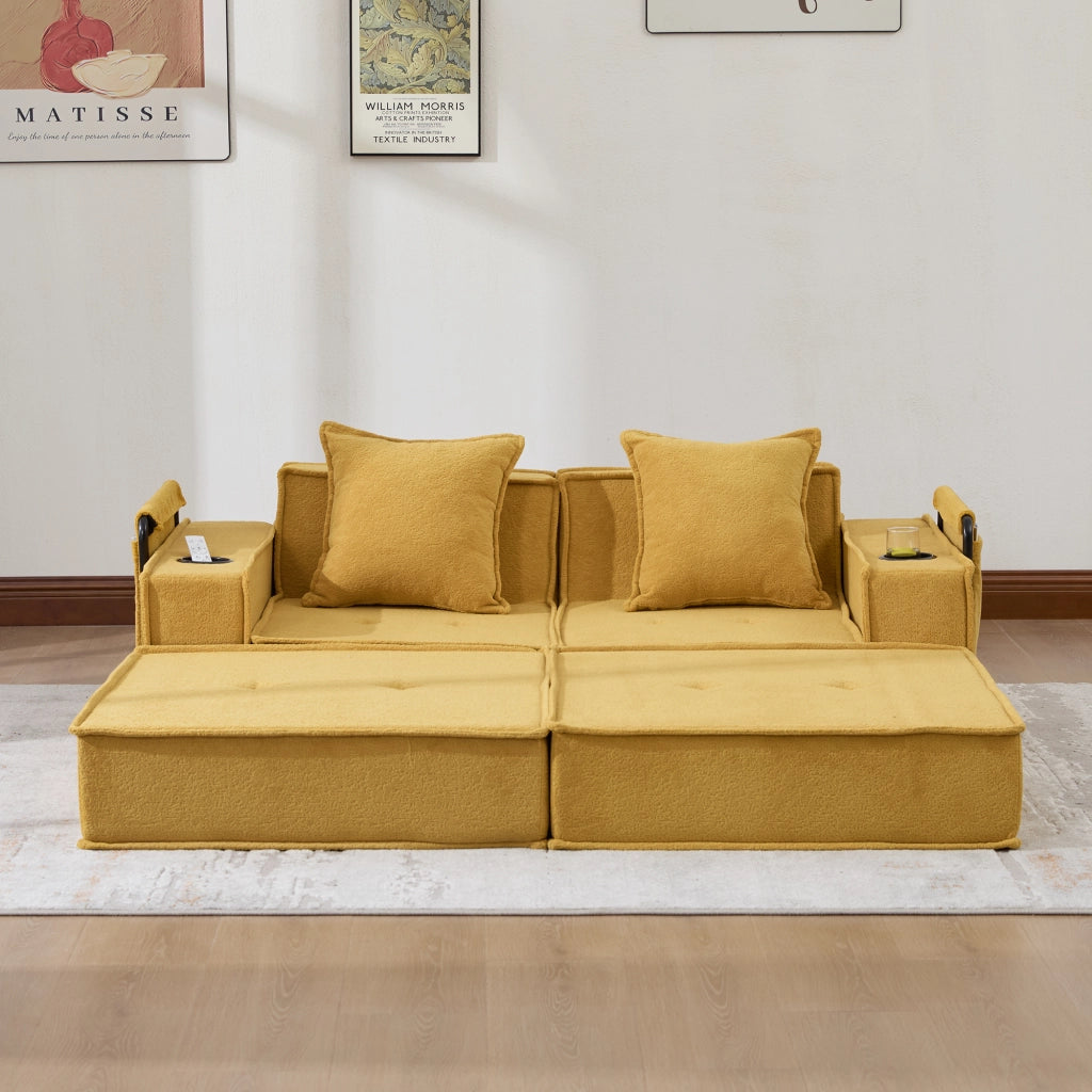 Pouf modulare con tasche laterali e cuscini, seduta ergonomica e struttura bassa stabile, in ciniglia giallo senape