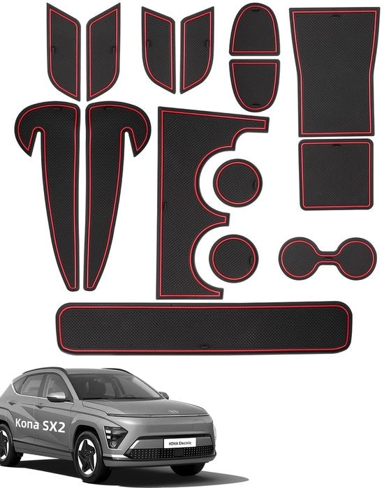 Antislipmatte per Hyundai Kona SX2 2024-2025, 15 pezzi di gomma per console centrale, cassetta portaoggetti, portabibita, vano porta braccia, nero e rosso