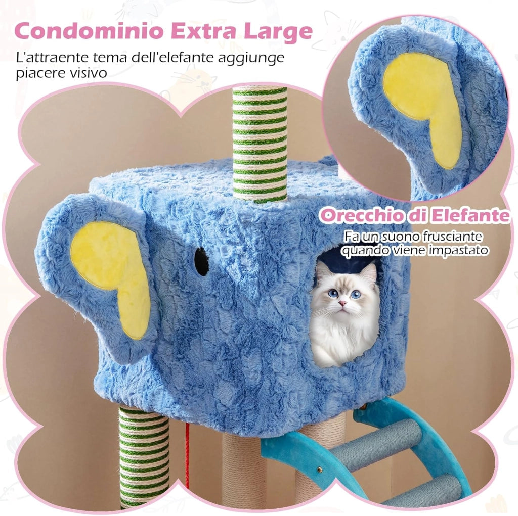 Albero per Gatti a Tema Elefante, Albero Tiragraffi per Gatti con Condomini, Ripiano Imbottito, Pali da Graffiare, Giocattolo in Peluche, Piattaforme e Cuscino Rimovibile, Cat Tree per Interno
