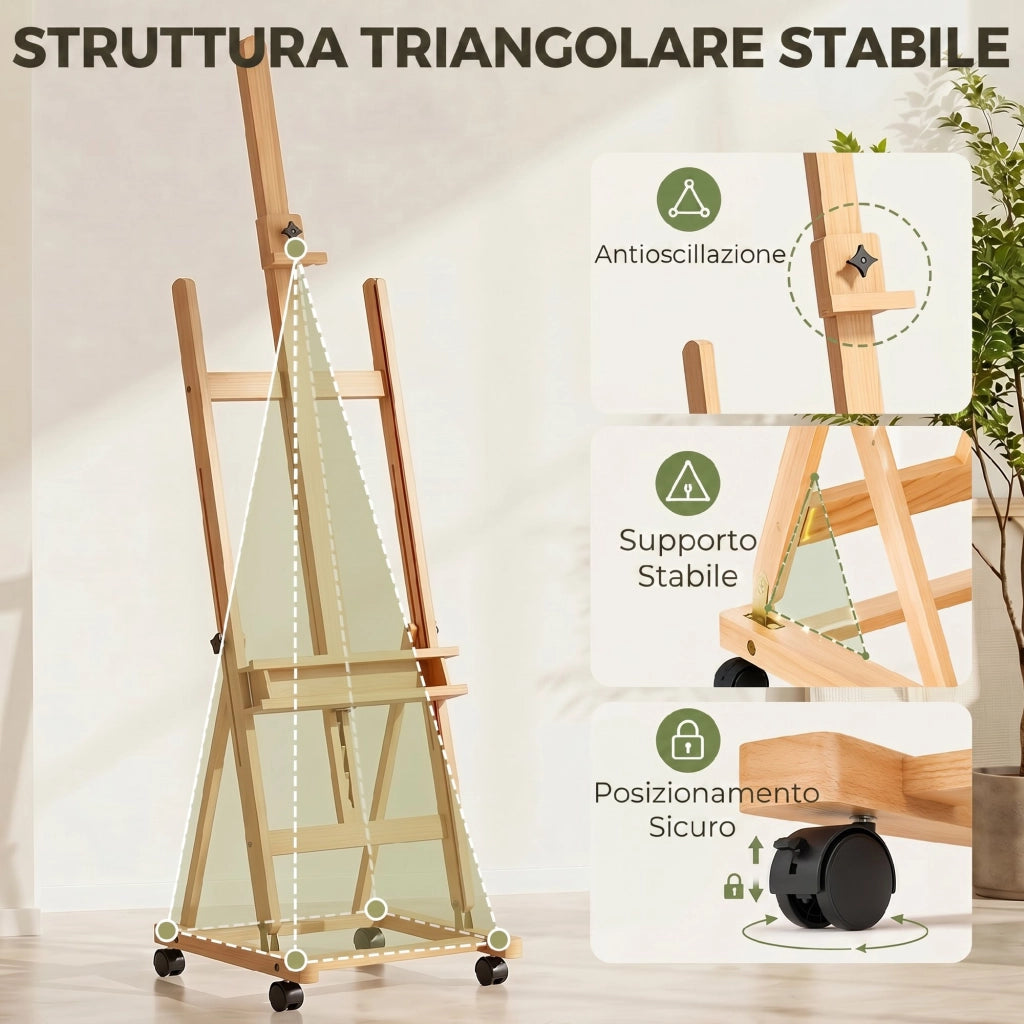 Cavalletto Pittura Pieghevole 50,5x53x178-238 cm con Ruote in Legno di Faggio