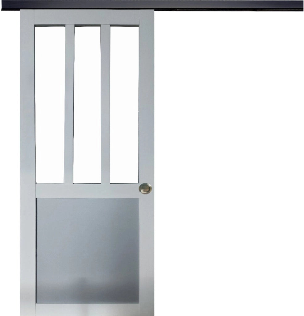 Porta Scorrevole Officina Bianca e Finestra con Pannelli Grigio RAL7035 H204 x L73 + Binario in Alluminio Nero e 2 Gusci