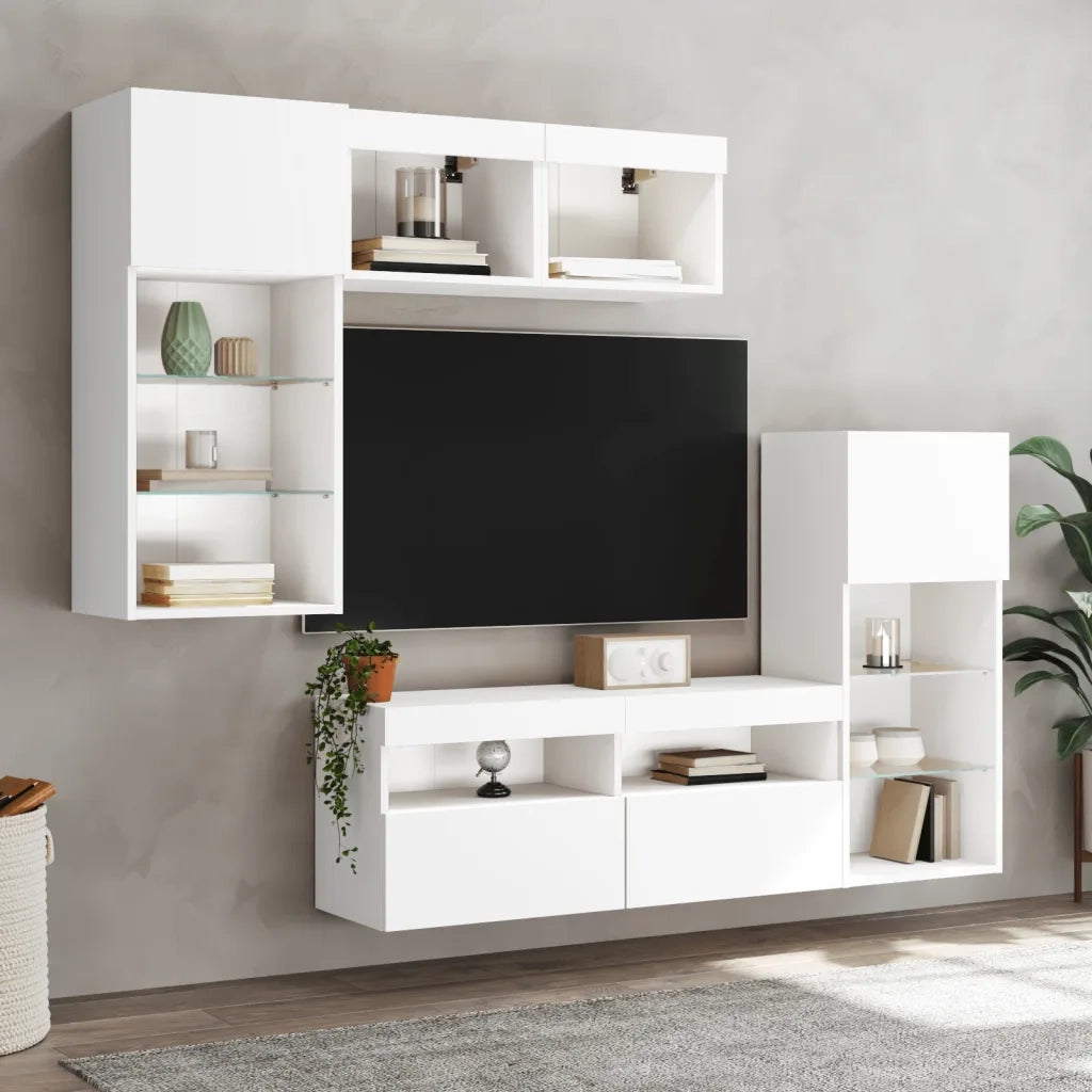 vidaXL Mobili TV a Muro con LED 5pz Bianchi in Legno Multistrato