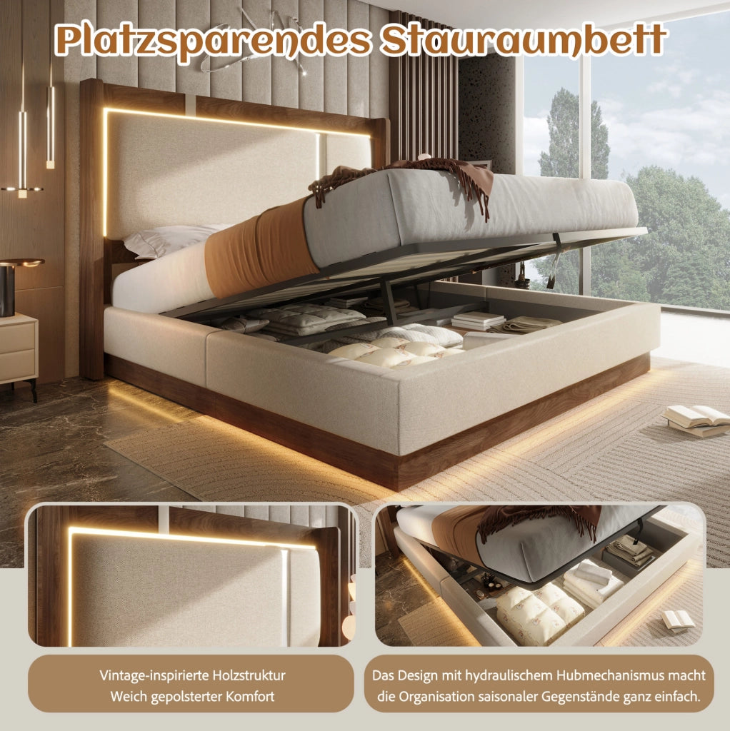 Letto imbottito 90x200 cm con contenitore idraulico, LED e rete a doghe beige e noce