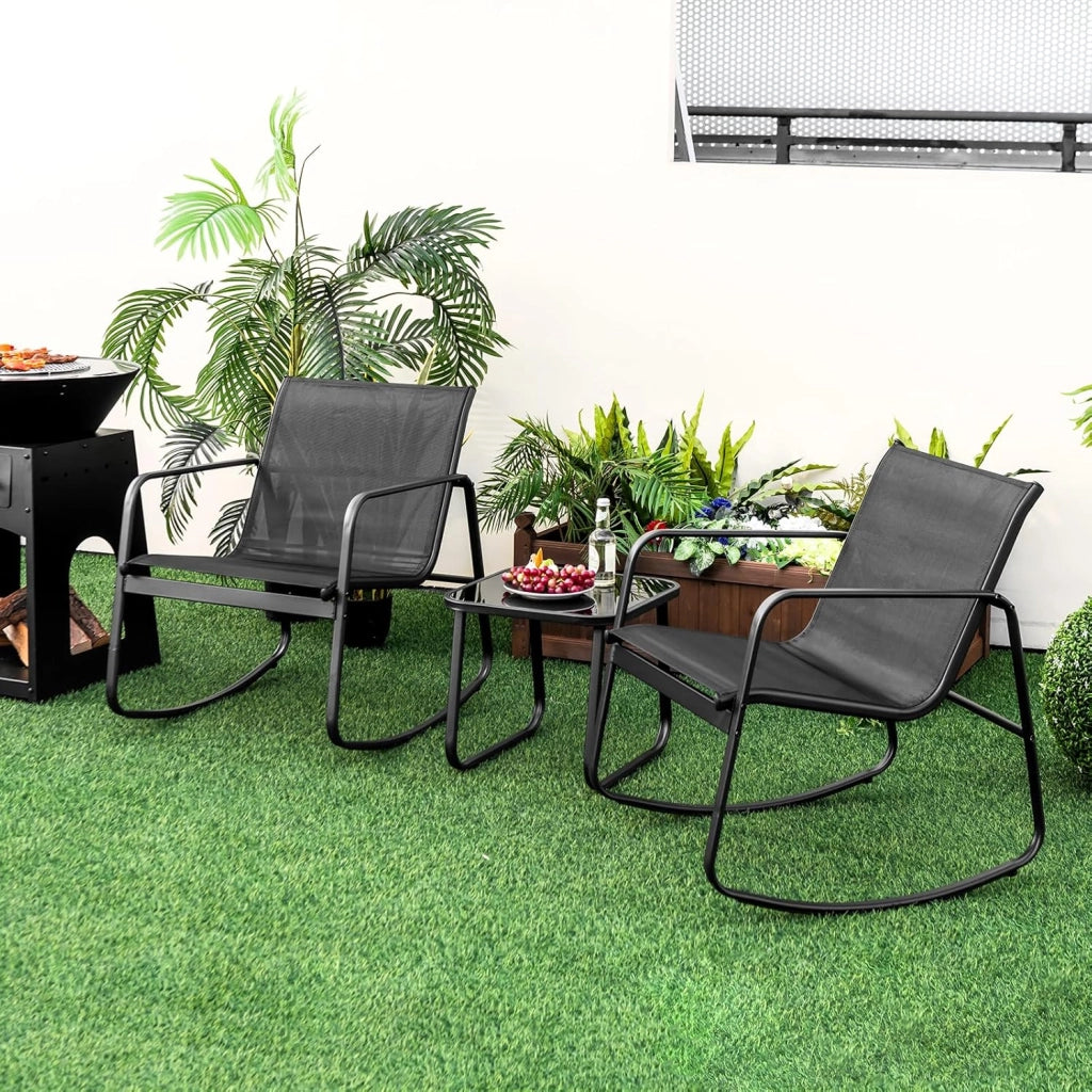 Set da Giardino per 2 Sedie a Dondolo con Tavolino in Vetro, Tessuto Traspirante e Gambe Regolabili, Ideale per Balcone, 3 Colori (Nero)