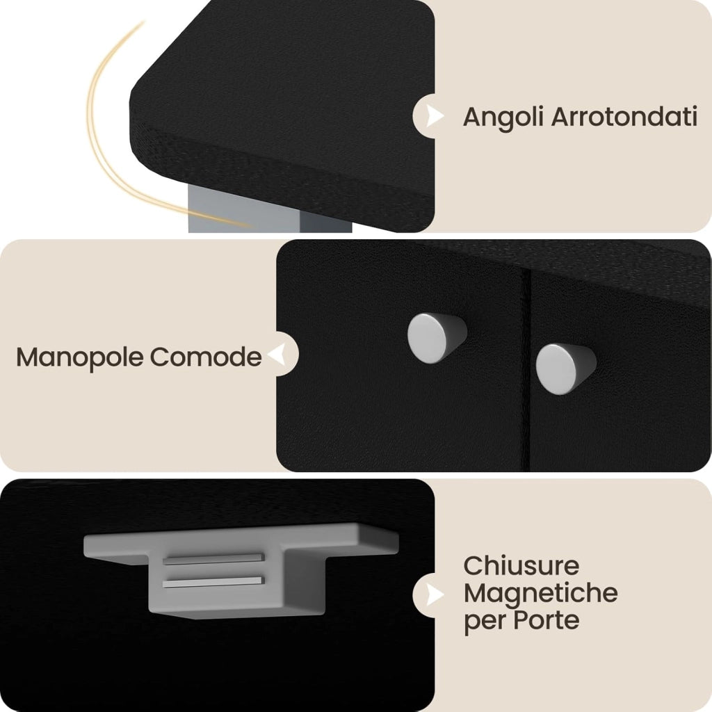 Scaffale da Cucina per Microonde Carrello, con Ruote e 2 Ante, Multifunzionale e Movimento Flessibile, 60x40x98 cm MDF, plastica (Nero)
