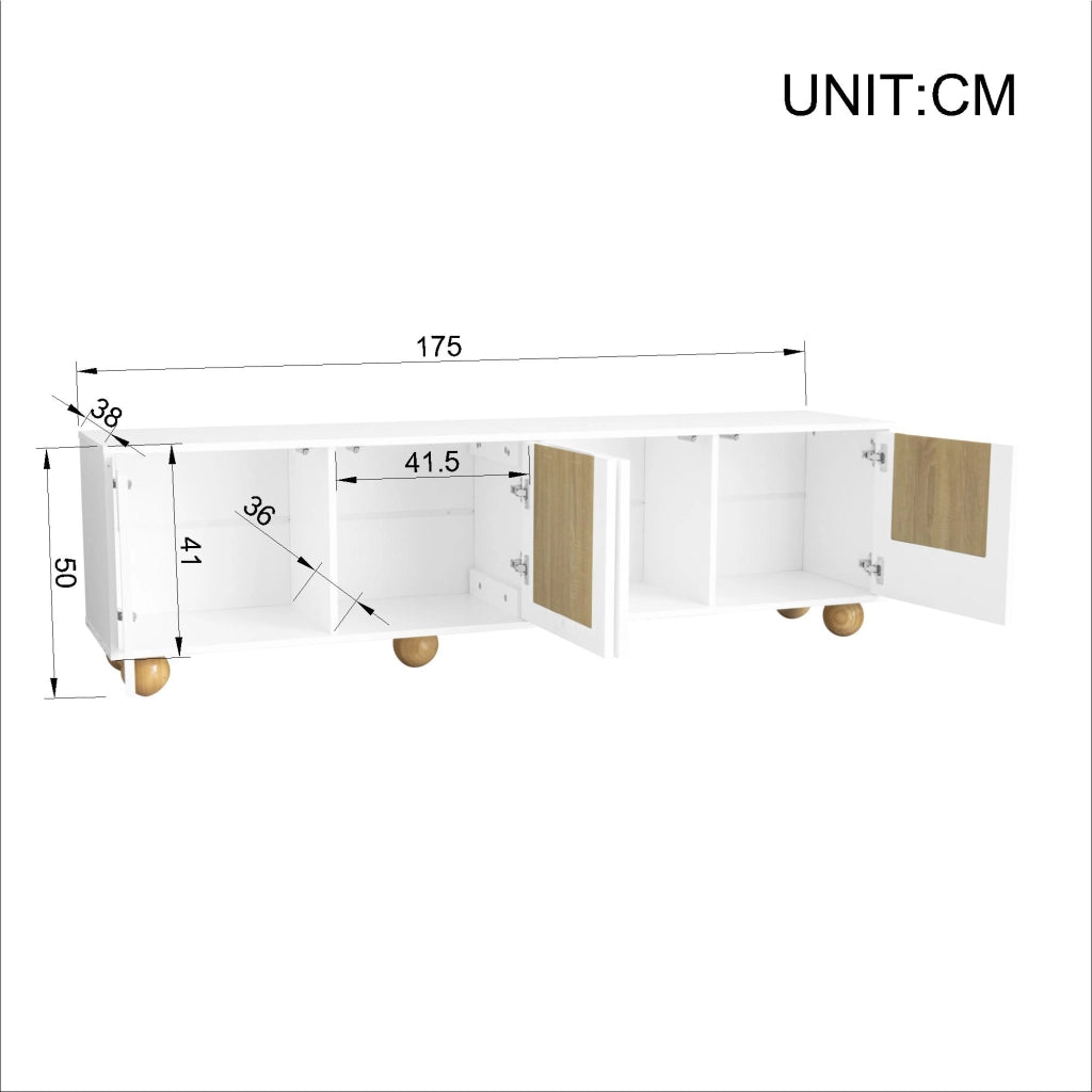 Mobile TV con 4 Ante e 4 Scomparti; Stile Moderno; in MDF; 175??38??50 cm; Naturale e Bianco