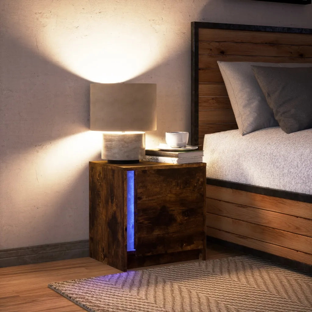 Comodino con Luci LED Rovere Fumo in Legno Multistrato