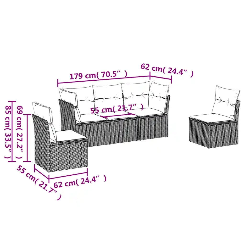 Set Divani da Giardino 5 pz | Set Salotto da Giardino con Cuscini in Polyrattan Nero