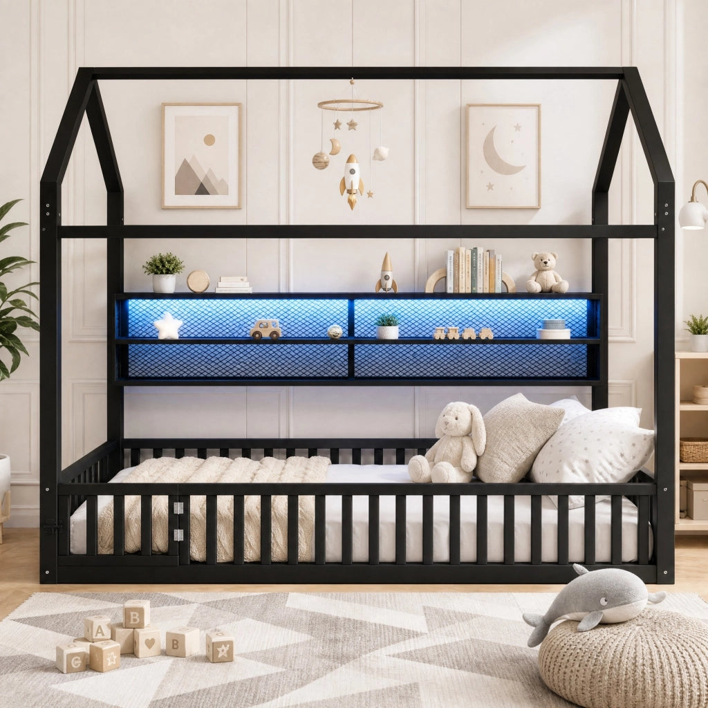 Letto singolo a casetta 90x200 cm con barriera di sicurezza e LED 7 colori in metallo nero