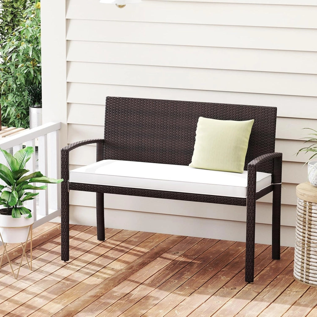 Panca da Giardino 2 Persone in Rattan, Panca da Esterno con Cuscino di Seduta Rimovibile, Struttura in Metallo, Carico 360 kg, Schienale e Braccioli, per Veranda, Giardino, Balcone, Terrazza