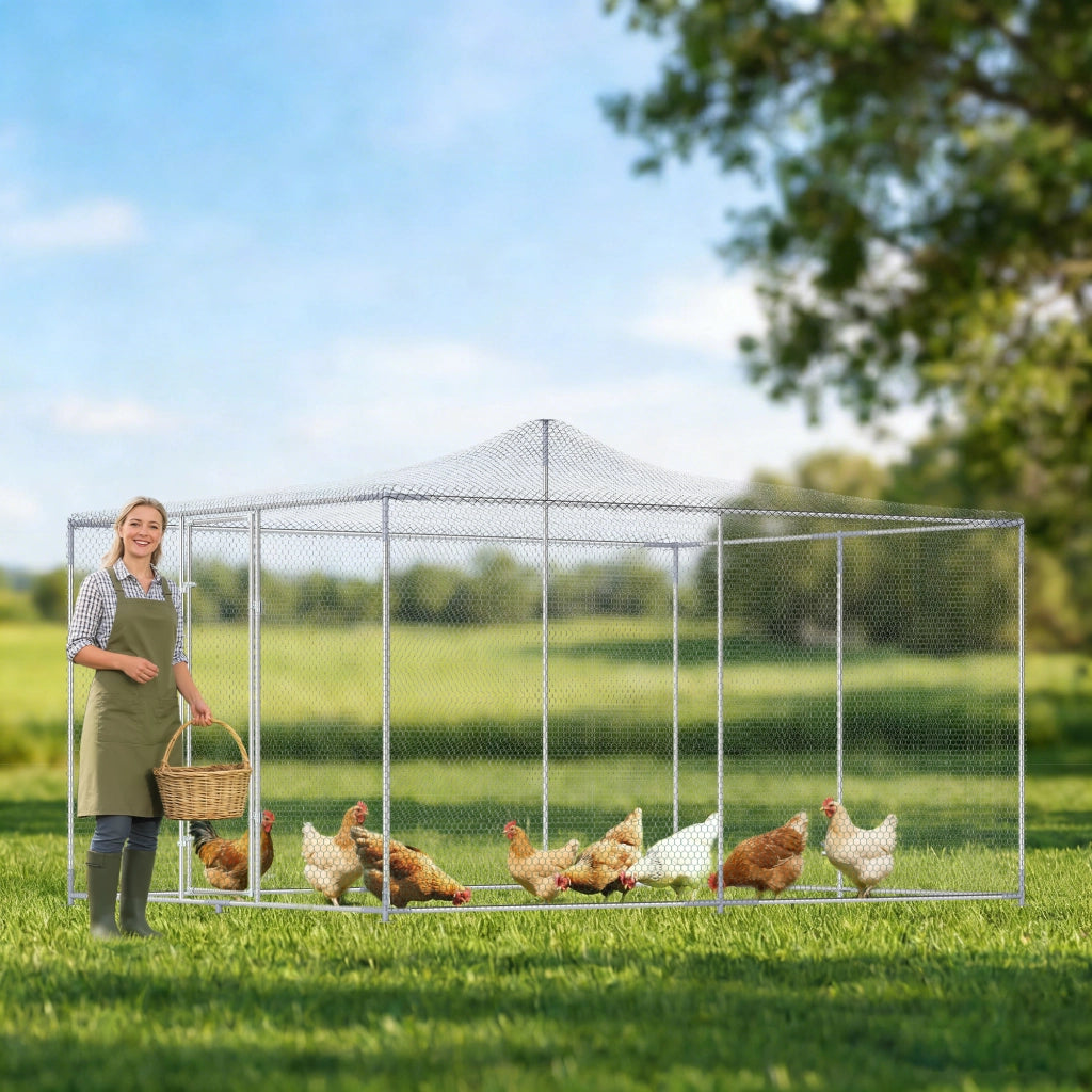Pollaio per Galline da Esterno 400x300x197 cm con Tetto e Serrature in Acciaio Zincato Argento
