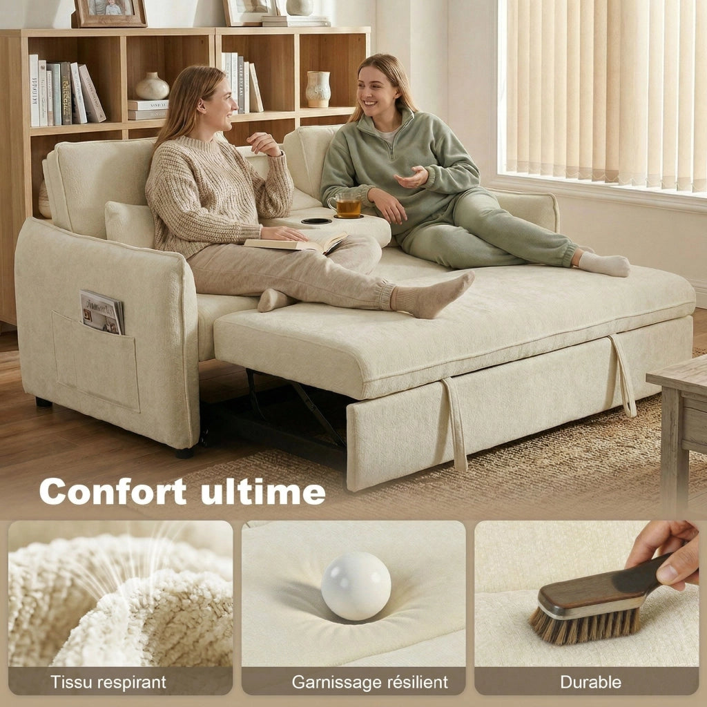 Divano letto 2 posti 3 in 1 ¨C zephmum ¨C beige in tessuto chenille con schienale regolabile e porta bicchieri