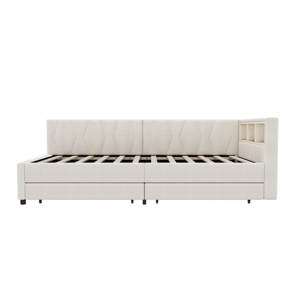 Letto singolo 90x200 cm; LED con USB e Tipo C; 2 cassetti e vani; lino e MDF beige (Senza materasso)