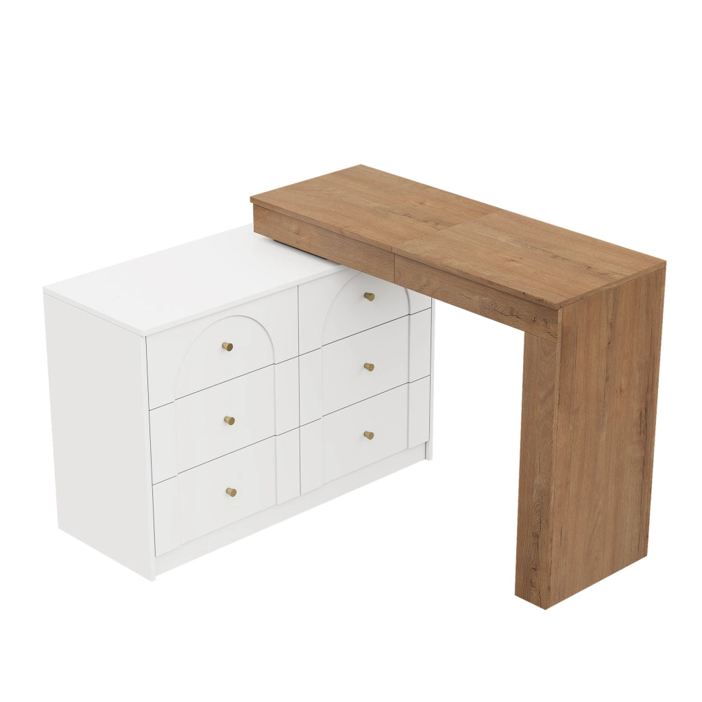Tavolo da toeletta girevole con specchio LED, scrivania 2 in 1, Bianco + effetto legno, 105¡Á40¡Á80 cm
