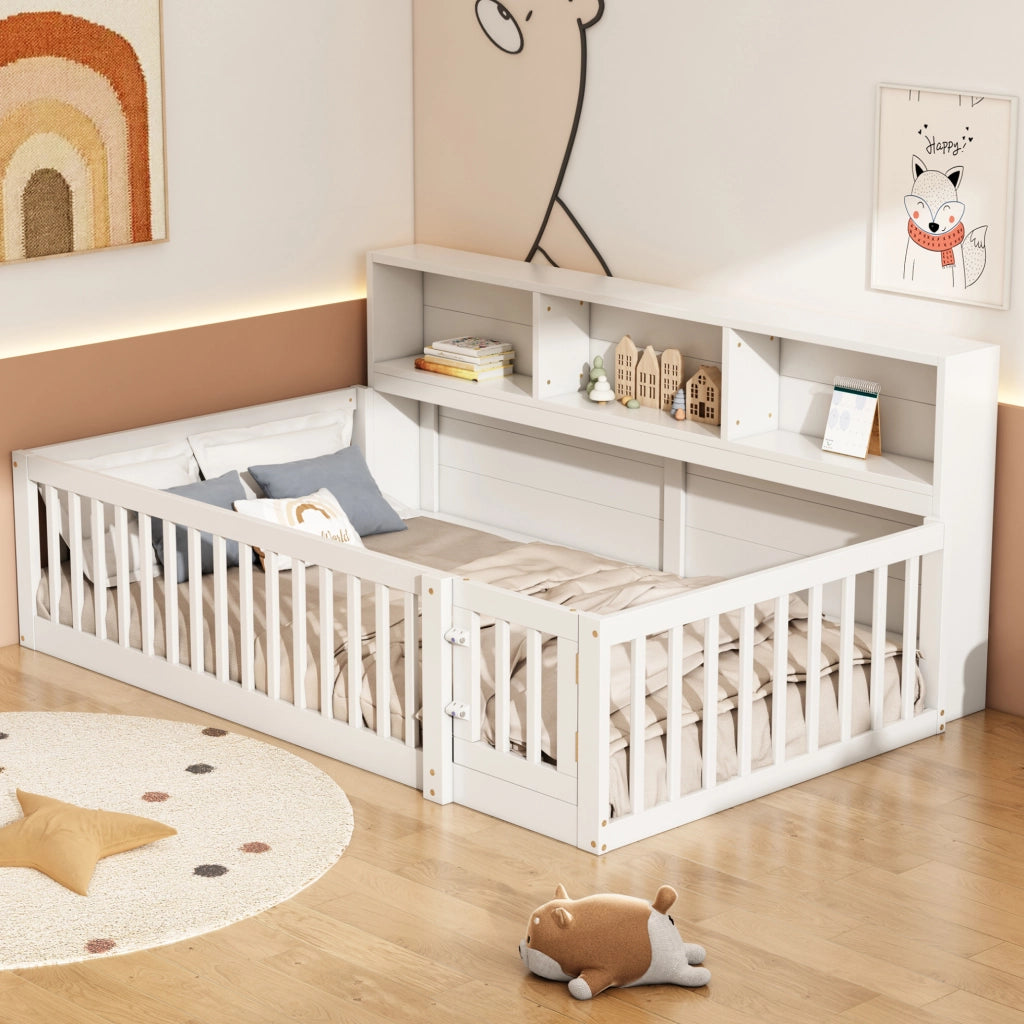 Letto daybed 90x200 cm con vani laterali e sponde di sicurezza in pino e MDF bianco