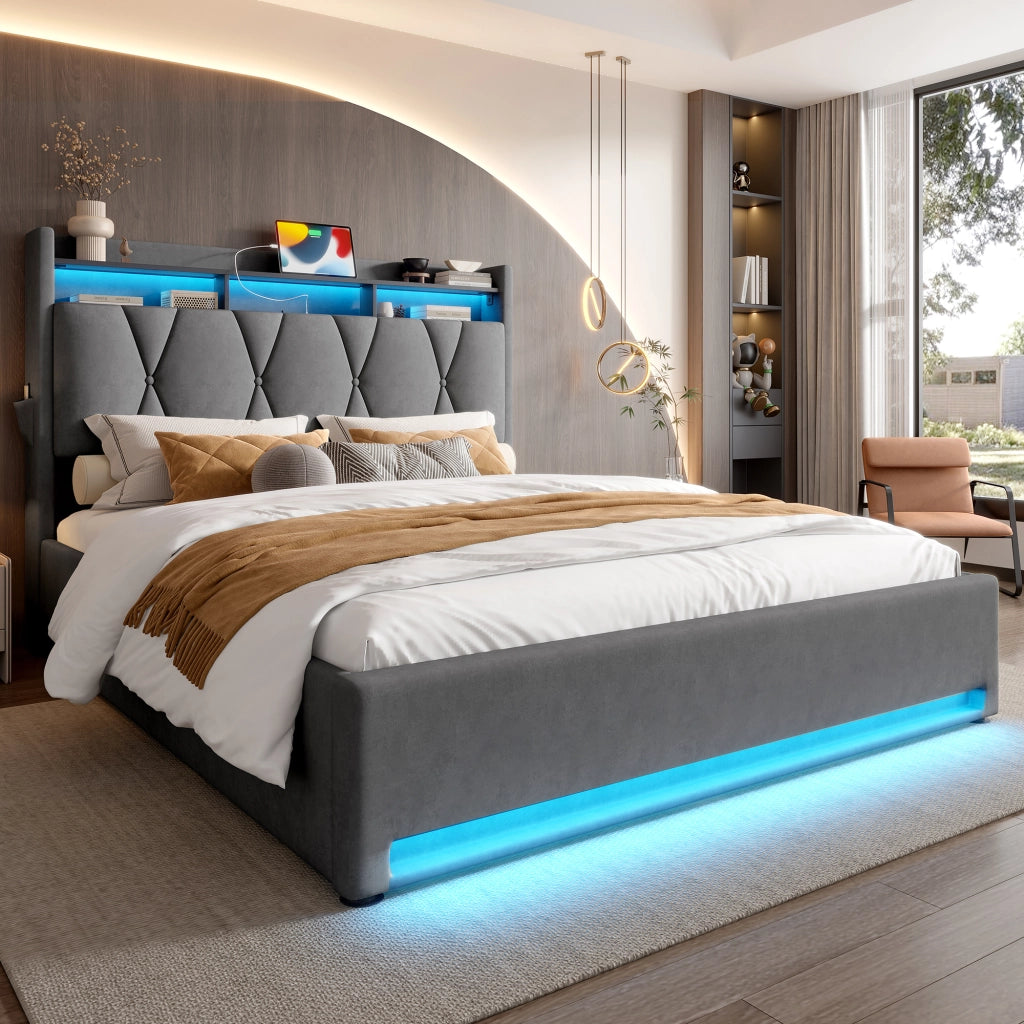 Letti contenitori imbottito 140x200 cm; testiera con ripiano e LED; velluto; grigio scuro (Senza materasso)