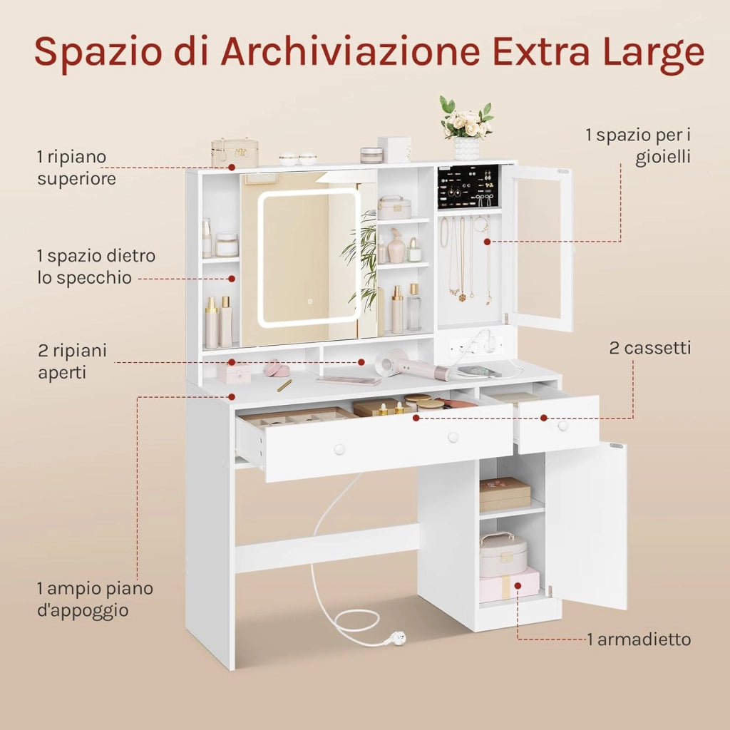 WOLTU Toeletta con Cassetti per Gioielli e Grande Specchio, Sedia da Make Up, Seduta Imbottita, Specchio a Luce LED Regolabile, Tavolo da Trucco con Prese, Cassetti e Ripiani, Bianco