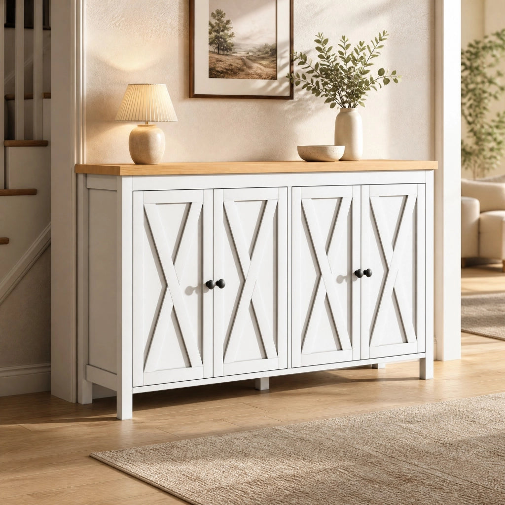 Credenza bianca 140x40x78 cm con 4 ante, 2 ripiani regolabili, struttura in MDF, portata 30 kg, stile moderno