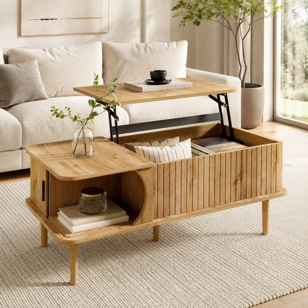 Tavolino da salotto - Tavolino d'appoggio - Piano allungabile - Mobile multifunzione per soggiorno - Vani contenitori nascosti - Con anta scorrevole - Gambe in legno - Colore legno naturale