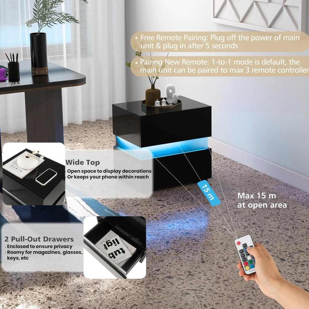 Comodino Camera da Letto con Luce LED, 22 Modalità di Luce, 10 Velocità, 5 Luminosità e Telecomando, Comodino Piccolo con 2 Cassetti,Tavolino Moderno per Soggiorno, Studio (2, Nero)