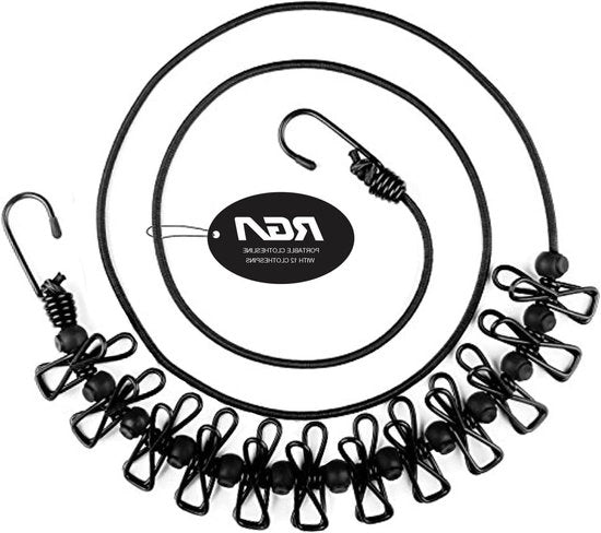 Linea da Stendino Portatile con 12 Chiavi per Camping Vacanze Hotel Balcone Giardino (Nero)