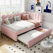 Divano letto a L con letto estraibile e schienale floreale; velluto rosa; 140x200 cm; senza materasso