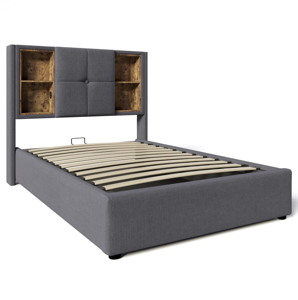 Letto singolo 90x200 cm con contenitore; ricarica wireless e porta USB C; cotone grigio