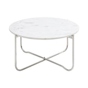 Tavolino basso rotondo VINTORA in marmo bianco e metallo argentato – tavolino pieghevole di design moderno ed elegante