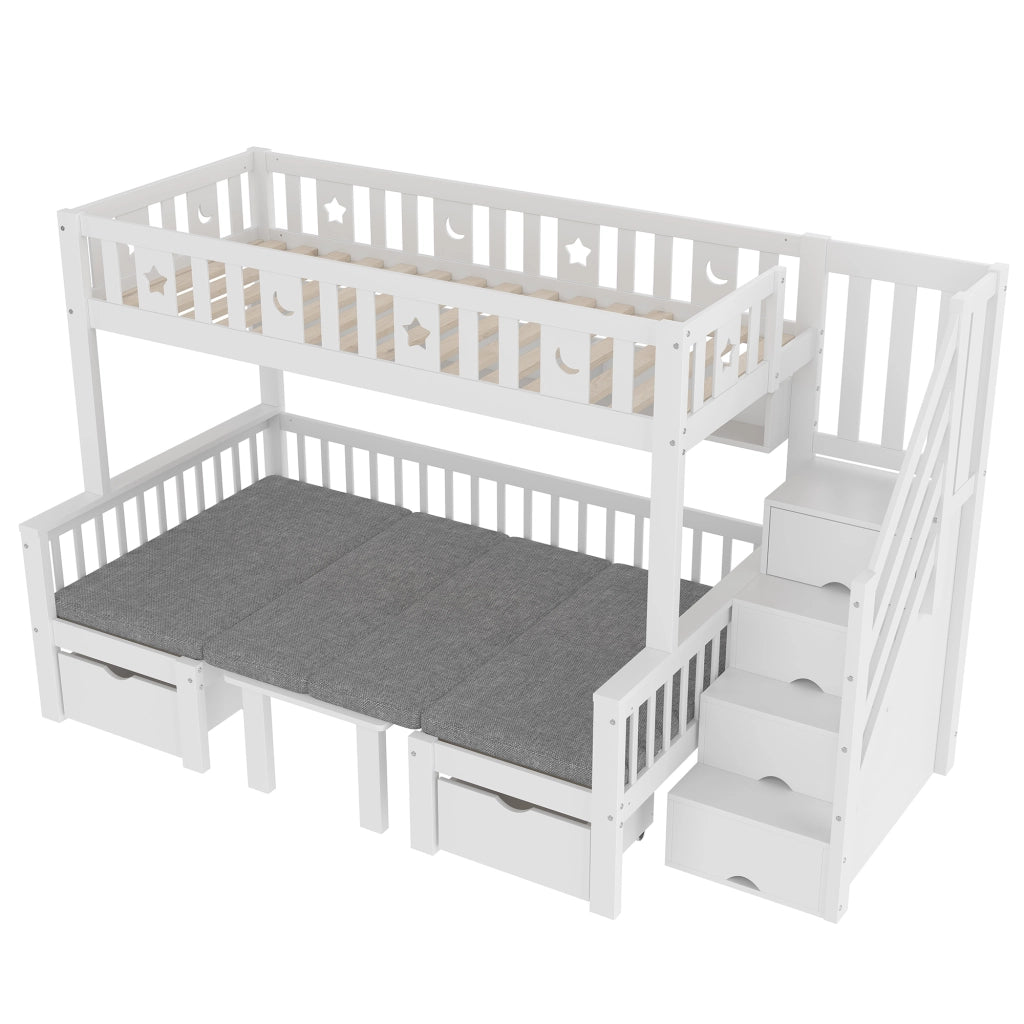 Letto a soppalco singolo 90×200 cm con scrivania ribaltabile; scala contenitore e sponde; senza materasso; bianco