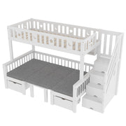 Letto a soppalco singolo 90×200 cm con scrivania ribaltabile; scala contenitore e sponde; senza materasso; bianco