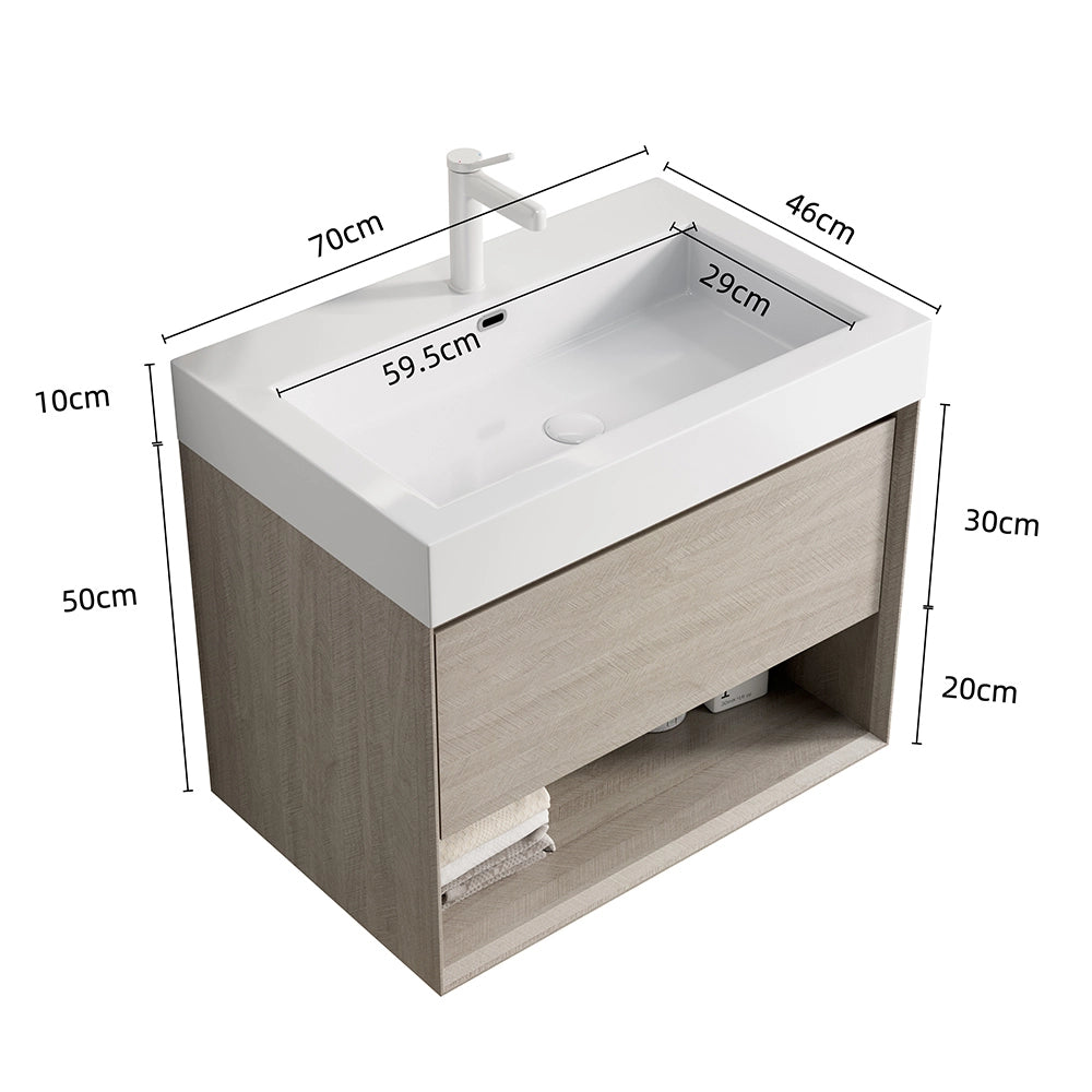 Mobile-lavabo sospeso - Xylo - 70 cm - Ch??ne chiaro - Vasque rettangolare in resina bianca, tiroir et ??tag??re ouverte