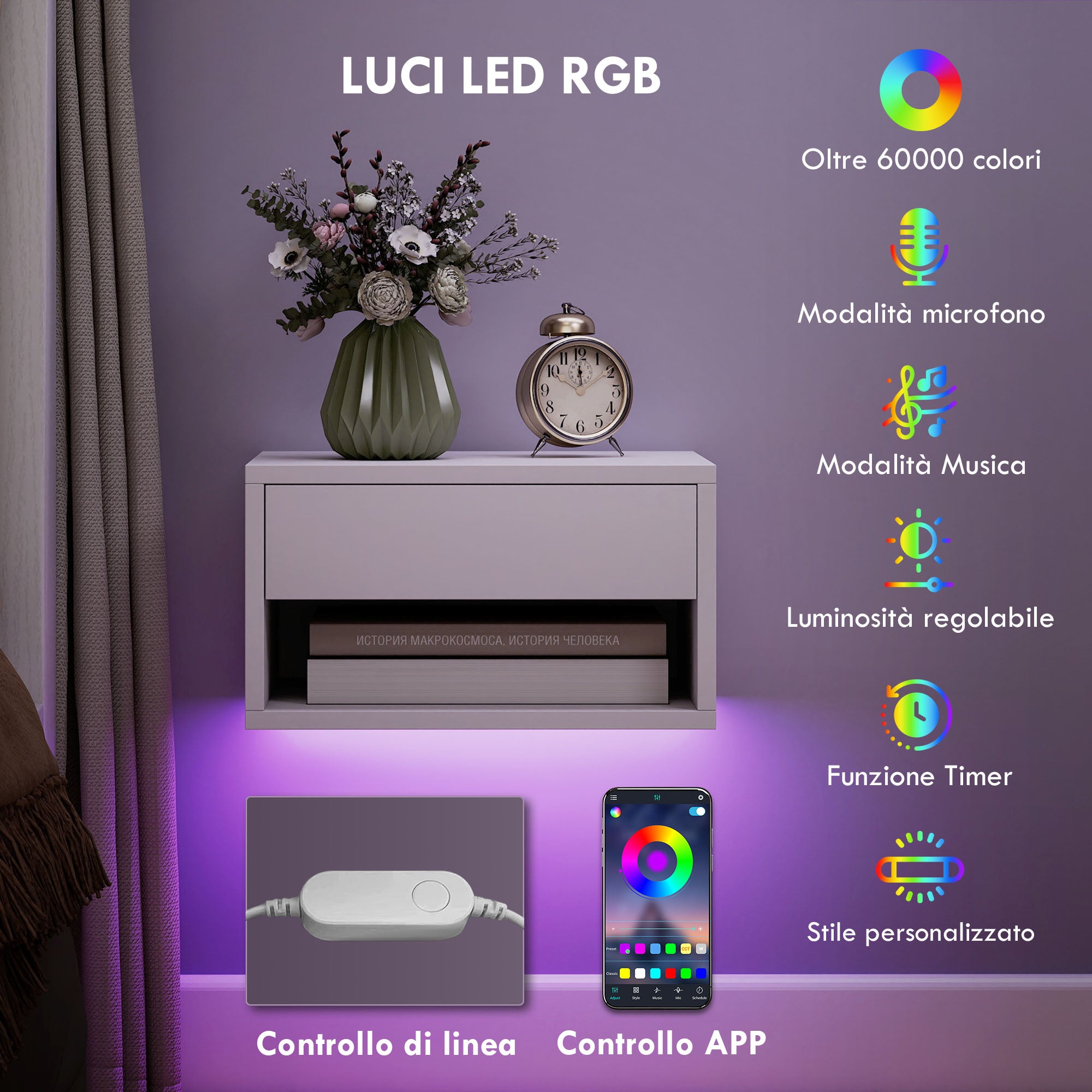 Set 2 Comodini Sospesi 37x32x21 cm con LED RGB Integrati e Regolabili con APP Cassetto e Ripiano Bianco