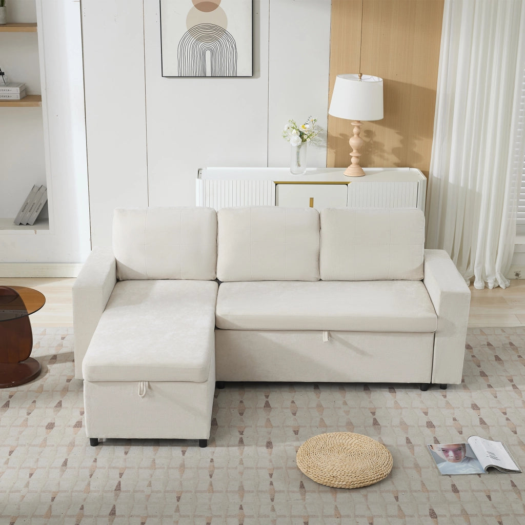 Divano ad angolo con contenitore e chaise longue reversibile in chenille beige per soggiorno 202 × 136 × 85 cm