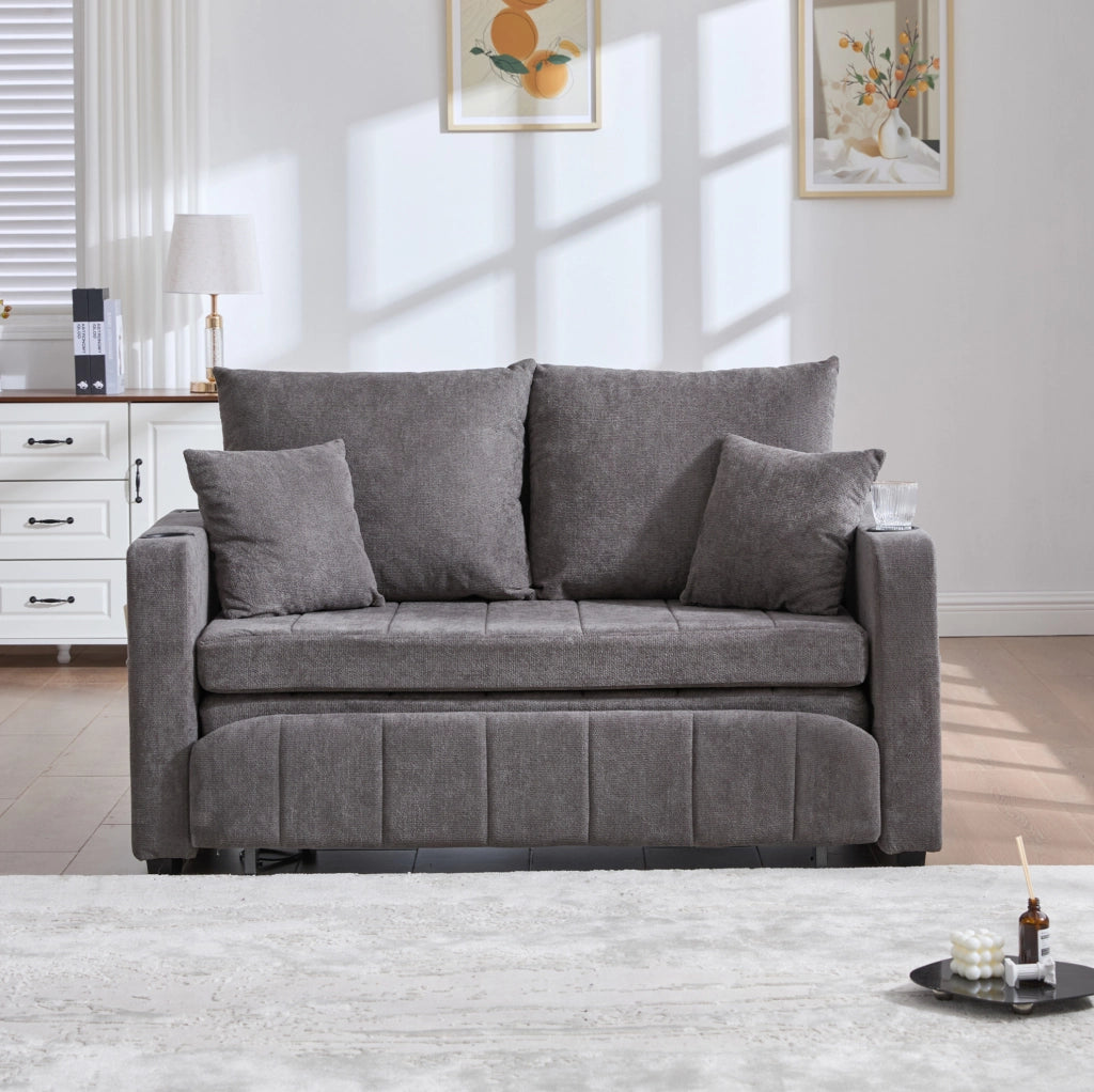 Divano letto in ciniglia grigia; 139 × 83 × 58 cm; con tasca portaoggetti e 4 cuscini