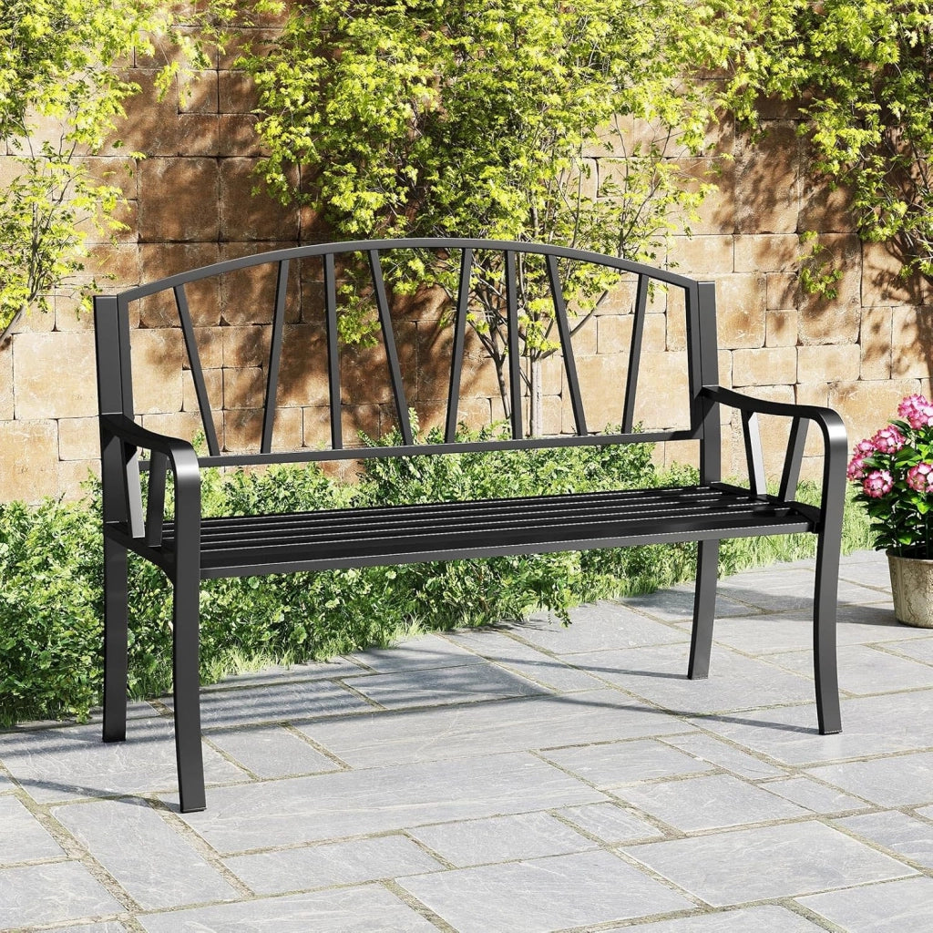 Panchina da Giardino in Metallo da 129 cm, Panchina con Doghe per 2-3 Persone, Loveseat in Stile Parco con Braccioli Curvati, Seduta Resistente per Esterno per Giardino, Piscina, Veranda