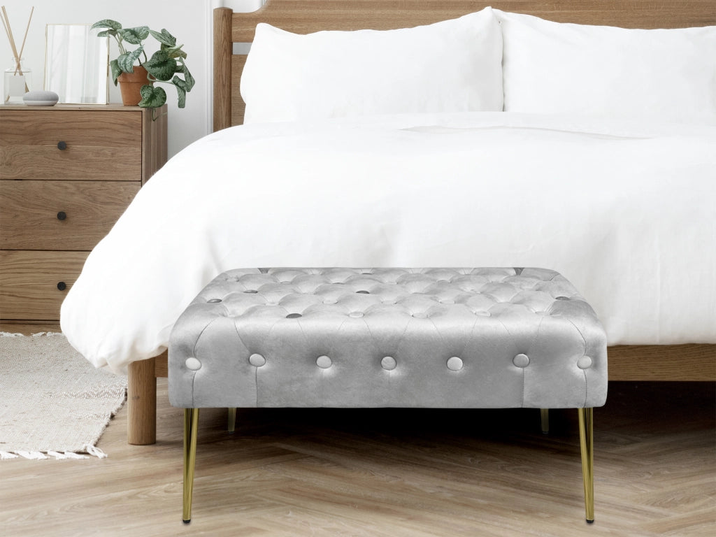 Panca Imbottita Divanetto In Velluto Sgabello A Pie Di Letto Con Gambe In Metallo Dorato Panchina Ingresso Legno Massello Pouf - Grigio