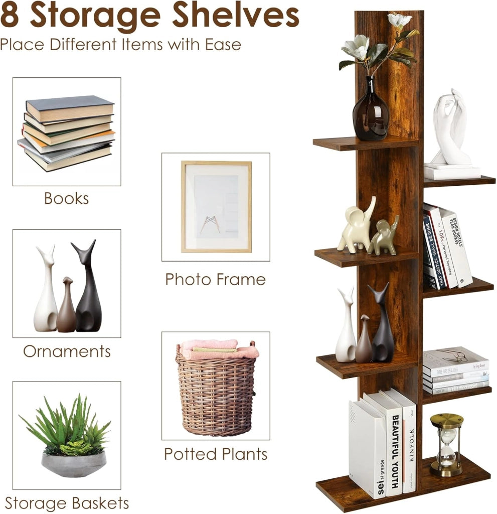 Libreria a 8 livelli, libreria a forma di albero poco ingombrante, espositore autoportante per libri, piante, CD, 50 x 20 x 141 cm (marrone)