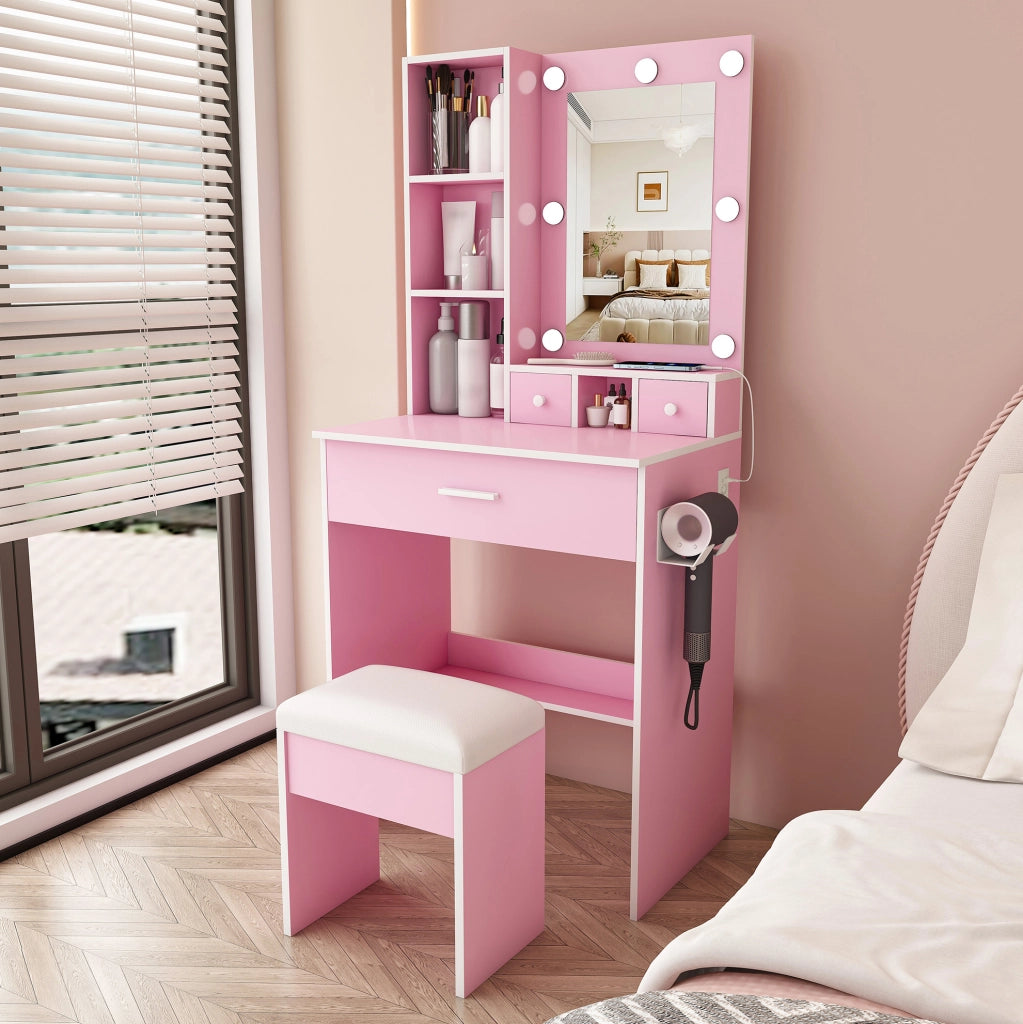 Toeletta con specchio LED, presa, cassetti e sgabello imbottito rosa