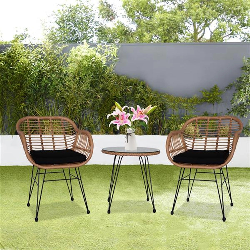 Set Arredo Giardino in Rattan con Tavolino Ripiano in Vetro e 2 Sedie da Esterno