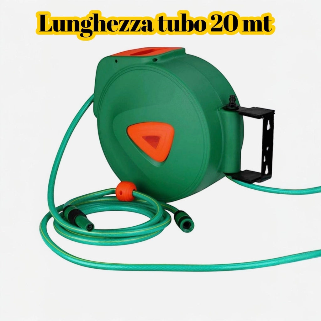 Avvolgitubo Acqua Automatico da Parete 20mt Tubo Giardino 1/2" Pistola 9 Getti