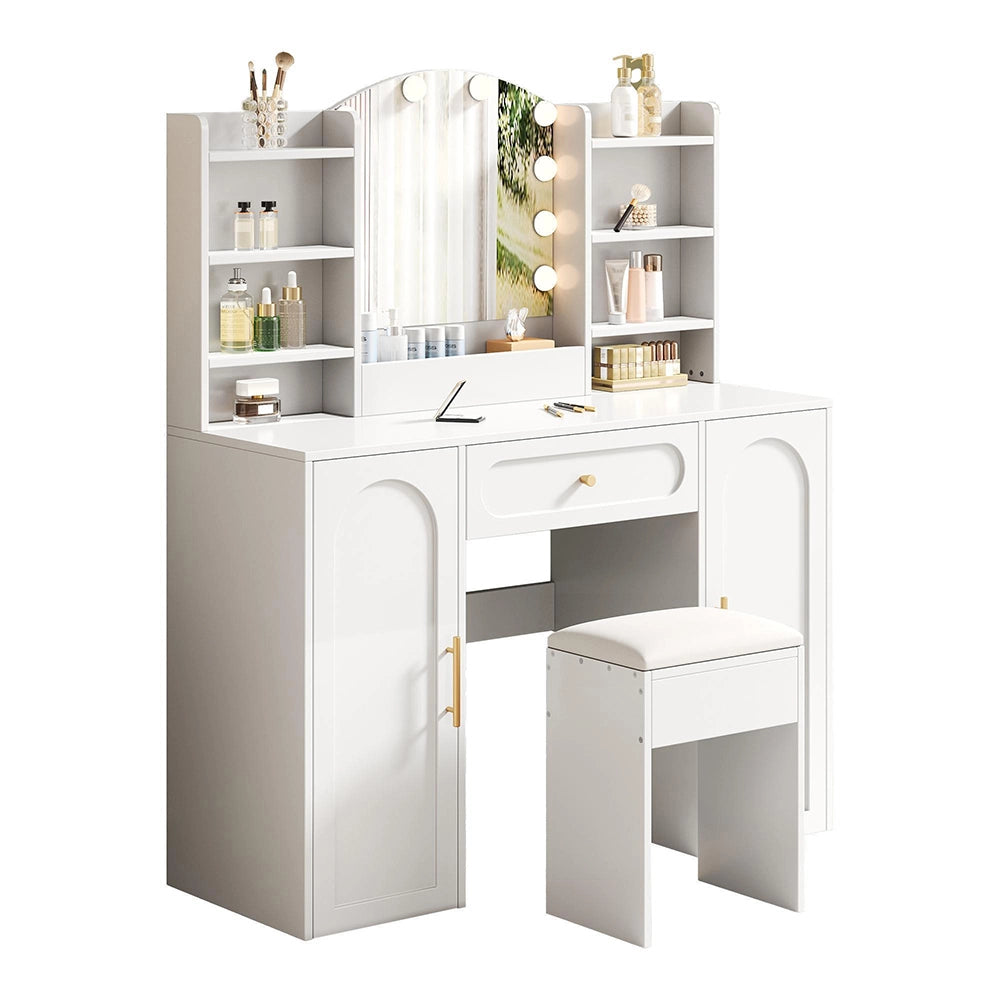 Toilette grande con illuminazione LED regolabile, specchio e sgabello - Xylo - 110x40x132 cm, bianco, 1 cassetto e 2 ante