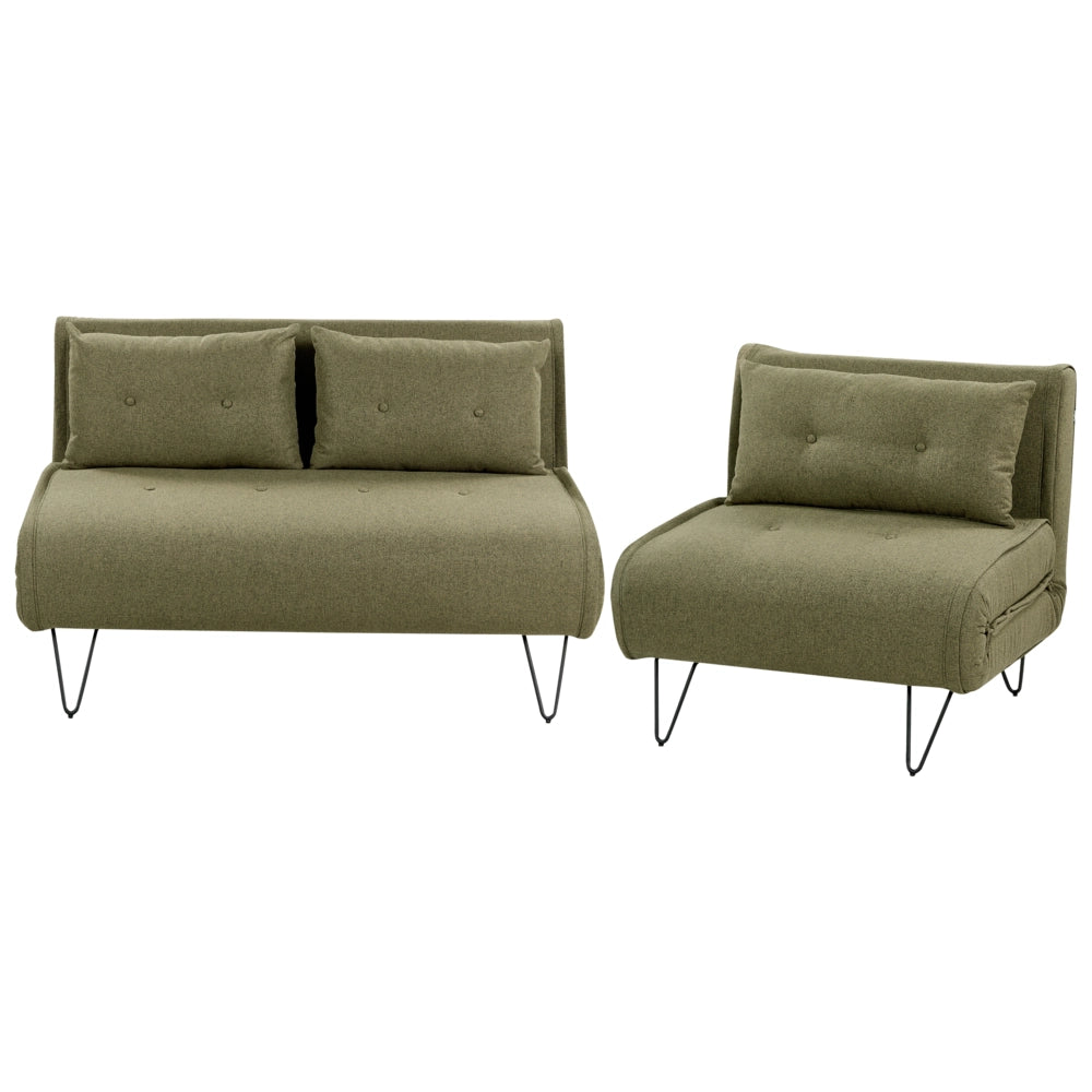 Set da salotto 3 posti con cuscini in tessuto verde oliva stile glamour elegante