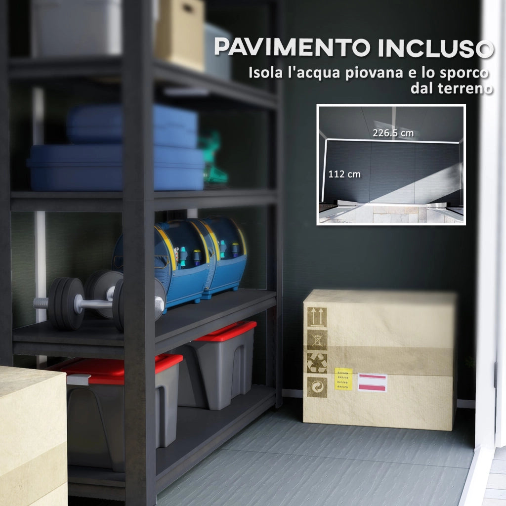 Casetta Box da Giardino 240x130 cm con Pavimento 2 Porte con Blocco e Finestra in Resina Grigio