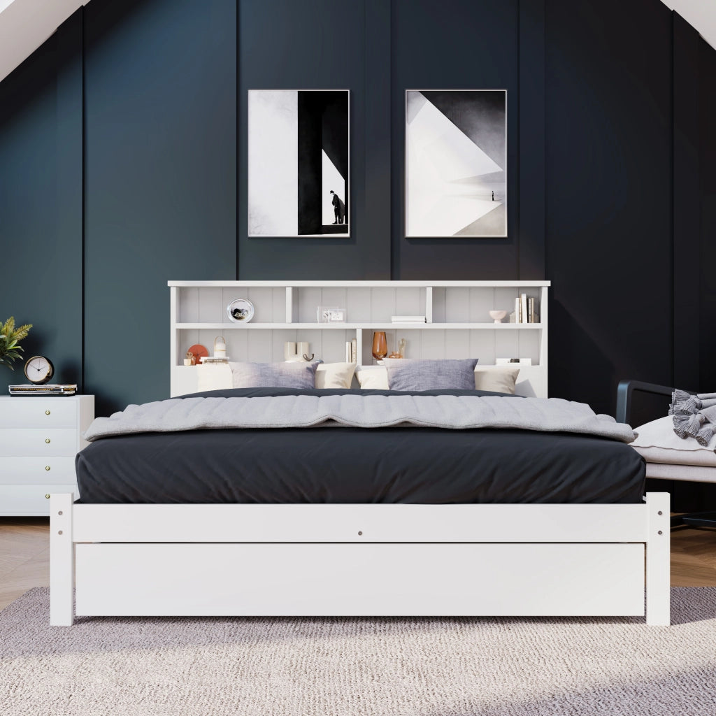 Letti contenitori 140x200 cm con testiera libreria; legno; bianco (Senza materasso)