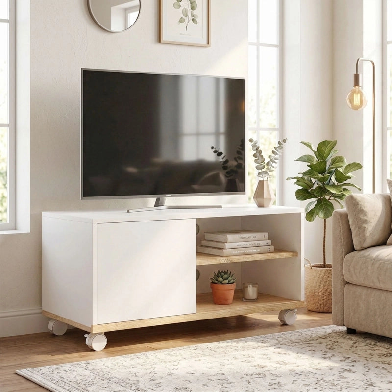 MOBILE TV su ruote 80x45x41 cm Bianco e Quercia con anta e ripiano regolabile