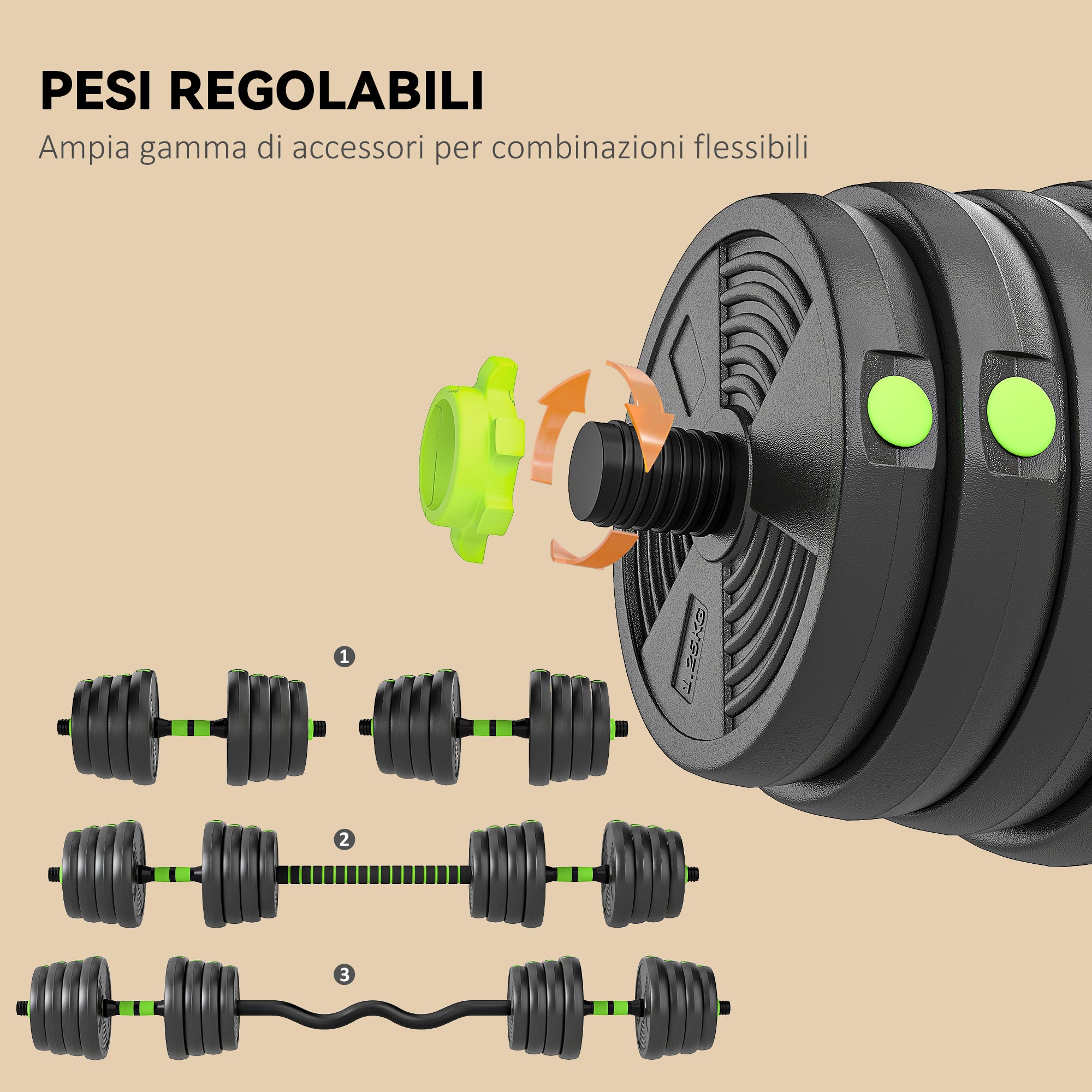 Set Bilanciere Pesi 3 in 1 con 16 Dischi Impugnatura Antiscivolo Verde