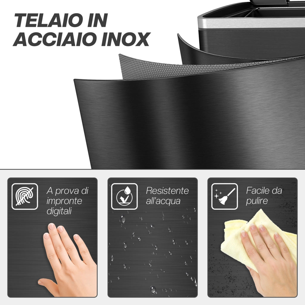 Bidone Immondizia 2 Sezioni 20L ¨C zephmum ¨C Acciaio Inox PP Nero 40x34.8x59