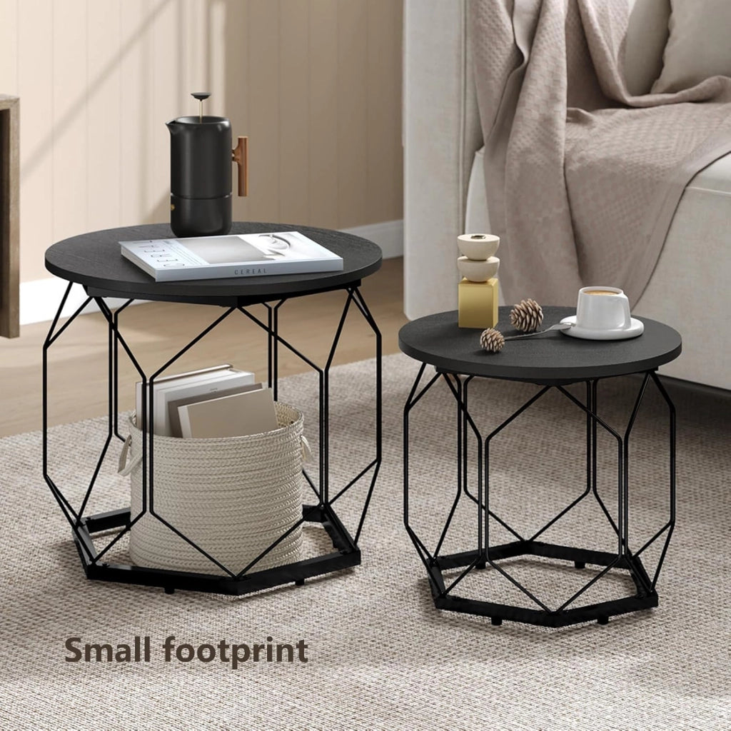 Set di 2 Tavolini da Salotto Rotondi, Tavolini Contenitori in Legno e Metallo, Tavoli Caffè con Piano Rimovibile, per Soggiorno, Camera da Letto, Legno Nero, BTS05szdc
