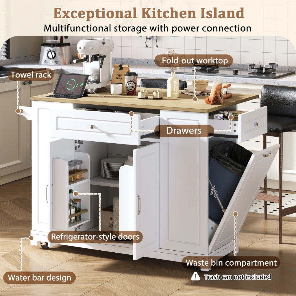 Carrello da Cucina con Piano Ribaltabile; Prese e Vano per Rifiuti; in MDF; Bianco e Naturale; 131;8 x 40-70 x 93;3 cm